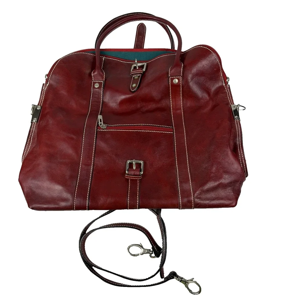 Vintage Italian Red Leather Travel Duffle Bag Overnight Weekender Carry On 18
